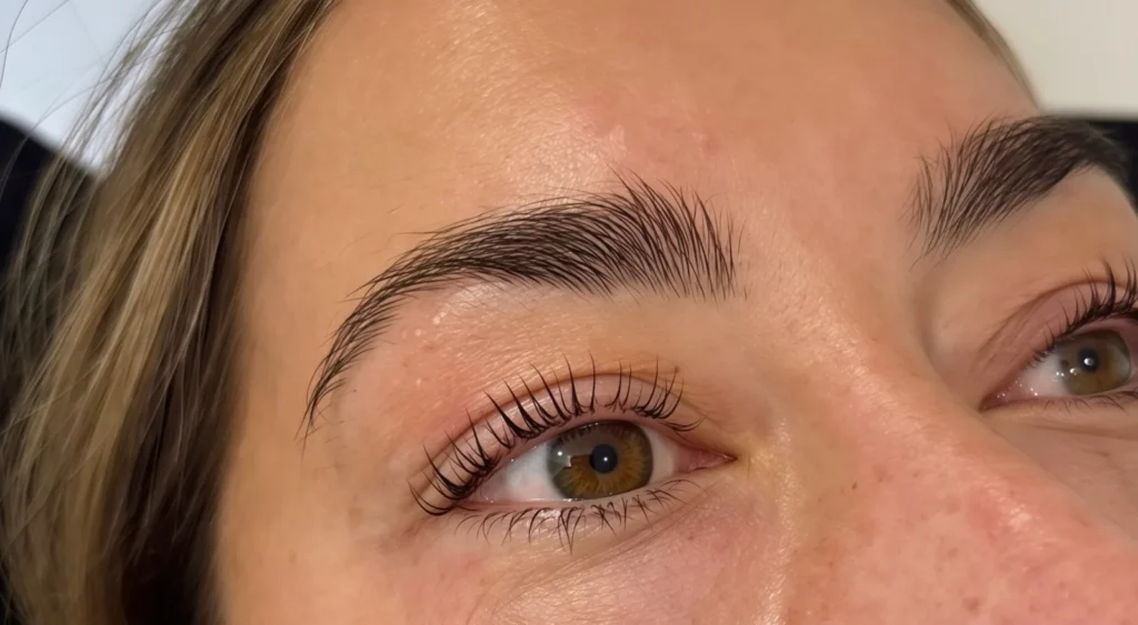 Close-up of lifted lashes and defined brow